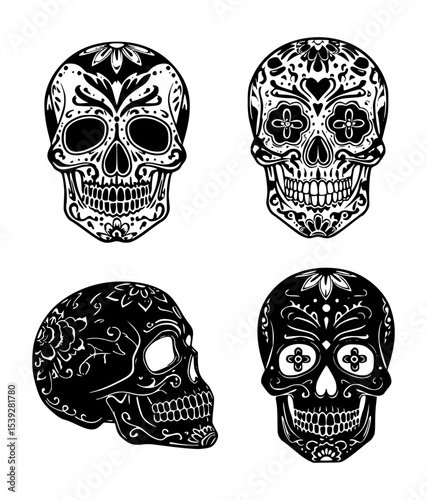 sugar skull silhouette set, isolated background