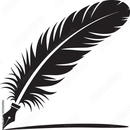 A black quill pen with a feather writing on a white surface in a minimalist illustration style