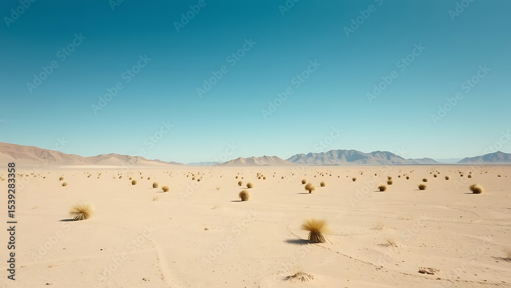 Wide angle video capturing a vast arid desert landscape with scattered tumbleweeds under a clear blu Wide angle video capturing a vast arid desert landscape with scattered tumbleweeds under a clear blu