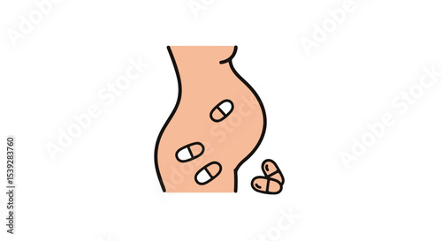 A depiction of the human body with several pills scattered around the abdomen, symbolizing medical consumption.