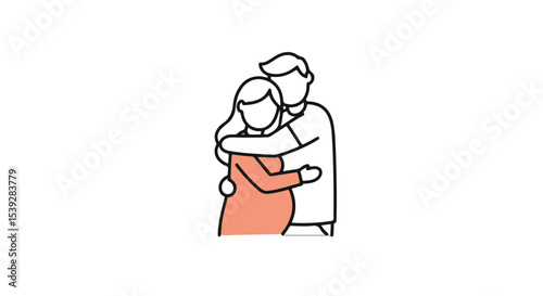A tender moment of a pregnant woman being embraced by a man.