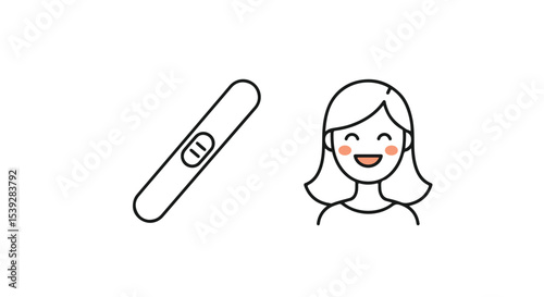 Illustration depicting a pregnancy test next to a smiling woman.