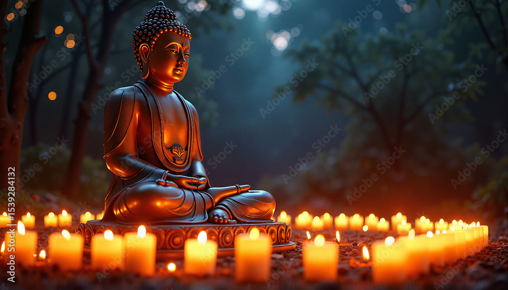 Fototapeta premium Buddha statue meditating surrounded by candlelight