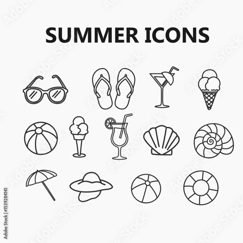 Lineart Summer Icon Set Featuring Beach Umbrella, Ice Cream, Tropical Fruits, Surfboards, Palm Trees, Flowers, and Seashells. Perfect for Vacation, Travel Poster, and Holiday Design Projects