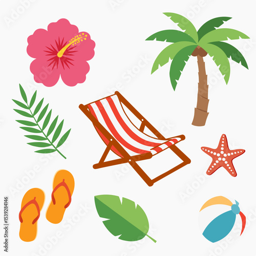 lat Summer Icon Set Featuring Beach Umbrella, Ice Cream, Tropical Fruits, Surfboards, Palm Trees, Flowers, and Seashells. Perfect for Vacation, Travel Poster, and Holiday Design Projects