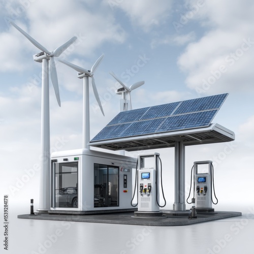 Eco-Friendly Gas Station with Wind Turbines and Solar Panels