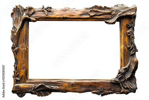 Rustic wooden frame with detailed tree bark texture on an isolated background