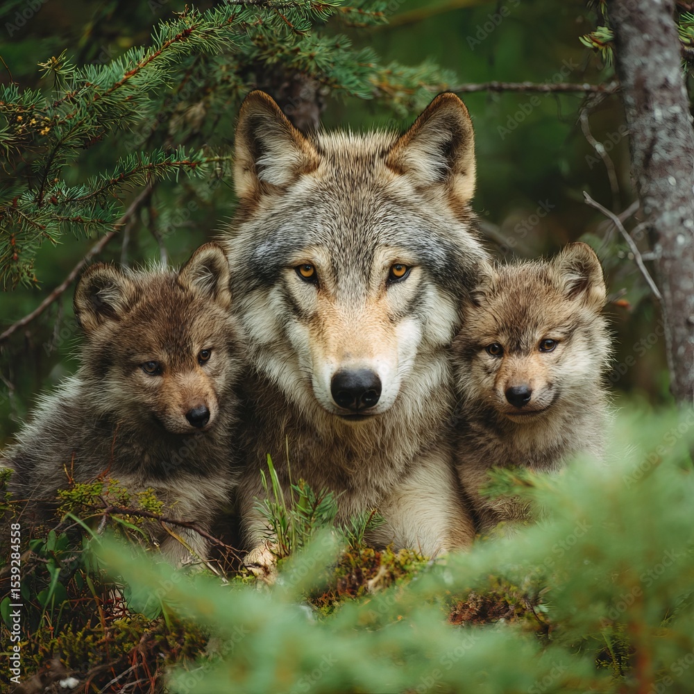 Naklejka premium A majestic wolf with two cubs surrounded by lush green trees. The wolf is looking straight at the camera with a protective gaze, the cubs looks calm and secure