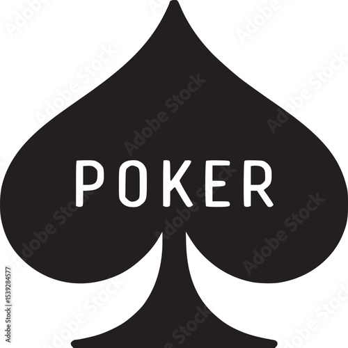 A black spade symbol with the word poker written across it on a white background design logo art