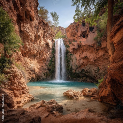 A stunning view of a waterfall cascading down rocky cliffs into a crystal-clear pool