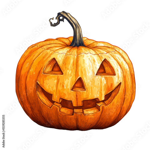 Smiling jack-o'-lantern pumpkin with carved face on transparent background