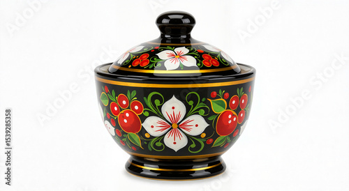 Decorative candy bowl with floral pattern and lid in Khokhloma style
