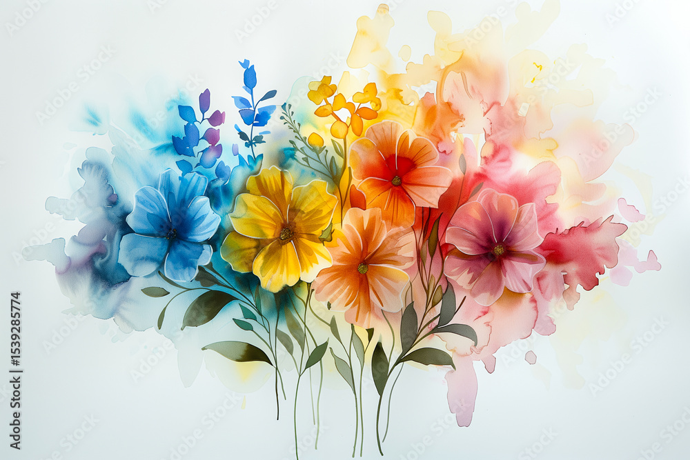 Obraz premium Multicolor watercolor flower arrangement with soft pastel tones on white background