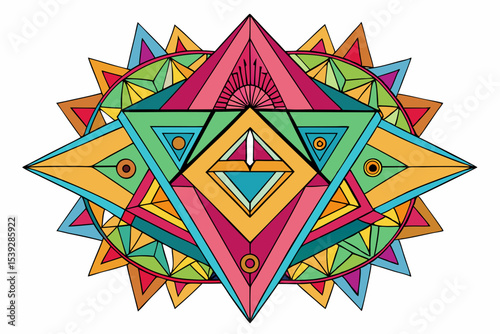 Vibrant abstract background featuring geometric shapes in Memphis style. Includes bold triangles in pink, teal, yellow, and purple, combined with dotted, striped, and wavy textures.