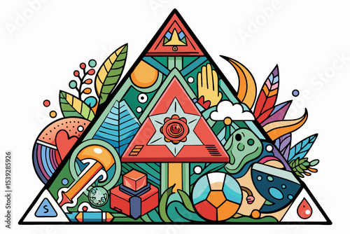Vibrant abstract background featuring geometric shapes in Memphis style. Includes bold triangles in pink, teal, yellow, and purple, combined with dotted, striped, and wavy textures.