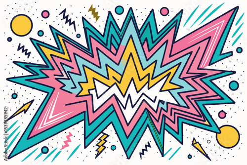 Vibrant abstract background featuring geometric shapes in Memphis style. Includes bold triangles in pink, teal, yellow, and purple, combined with dotted, striped, and wavy textures.