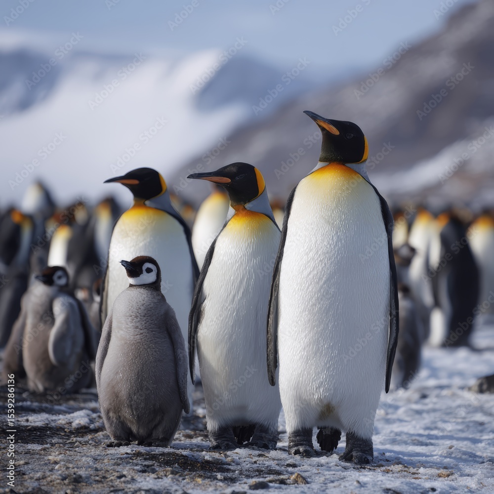Fototapeta premium A captivating group of penguins standing together with snowy mountains in background. This image showcases the beauty of the Antarctic wilderness