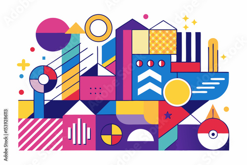Vibrant abstract background featuring geometric shapes in Memphis style. Includes bold triangles in pink, teal, yellow, and purple, combined with dotted, striped, and wavy textures.