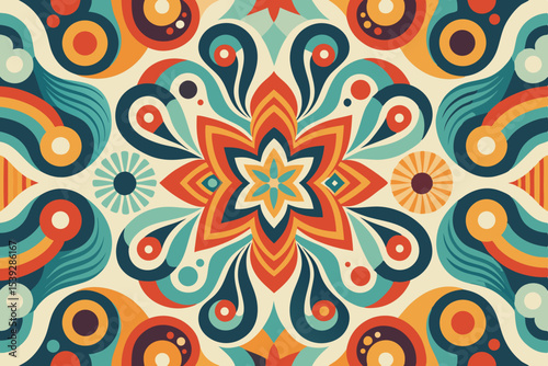 Vibrant abstract background featuring geometric shapes in Memphis style. Includes bold triangles in pink, teal, yellow, and purple, combined with dotted, striped, and wavy textures.