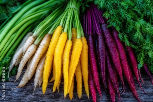 Colorful assortment of fresh carrots including purple, yellow, and white varieties arranged beautifully on wooden table showcasing vibrant organic vegetables captured with clarity