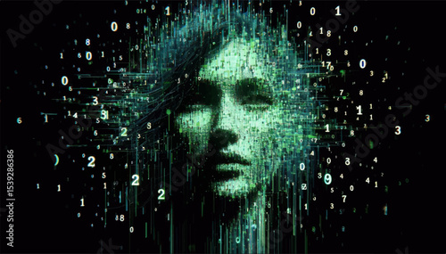 The image of AI in the form of a female face is self-embodied from digital elements like the image of a machine acquiring consciousness. Vector graphics. EPS.