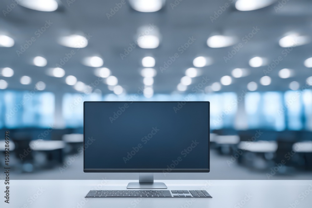 Modern workspace featuring a sleek computer setup against a blurred office backdrop emphasizing digital aesthetics and productivity in a collaborative environment Modern workspace featuring a sleek computer setup against a blurred office backdrop emphasizing digital aesthetics and productivity in a collaborative environment