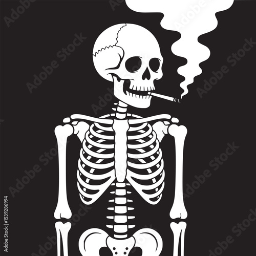 A white skeleton smoking a cigarette with smoke on a black background in a graphic design image