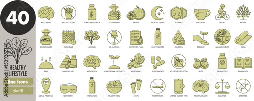 Healthy lifestyle - thin line icons set with green fill. Meditation, self-care, inner growth, healthy diet, sport, balance, relaxation, nature, night rest, vitamins, nutrition, vector illustration