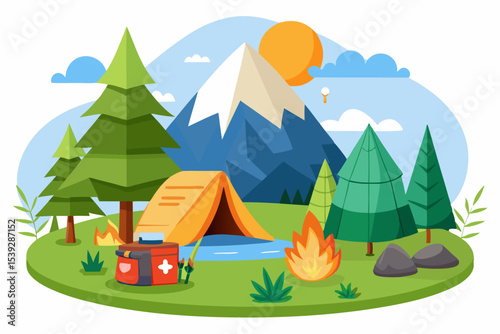 camping scene with tent, trees, fire, mountains clip art preview