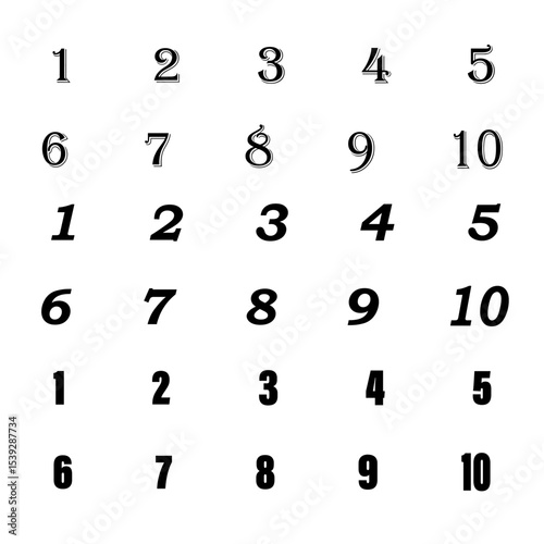 Stylish number chart. One to ten. Varied font numbers. Vector numeric design.