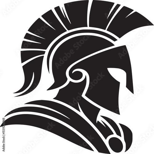 Stylized black spartan helmet with crest and shoulder armor on a light cream background design