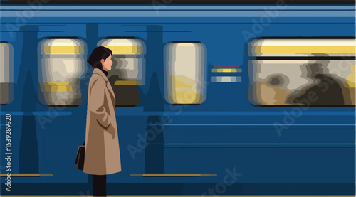 Nighttime train station with woman in brown coat on platform