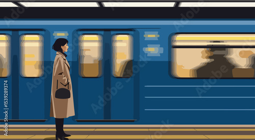 Female waiting for train at station with blue train in background, pixel art illustration