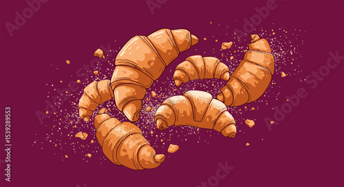 Four golden-brown croissants arranged diagonally on a deep purple background