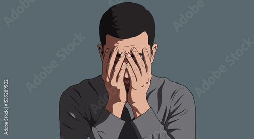 Illustration of a man with short dark hair covering his face with his hands, wearing a light shirt and dark tie, against a dark teal background