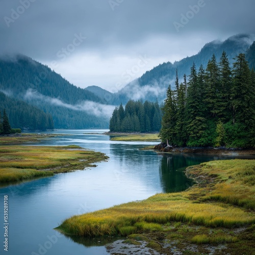 Alaska Misty Fjords National Monument park in serene light. The still waters reflect the forest and mountains in peaceful natural landscape photo