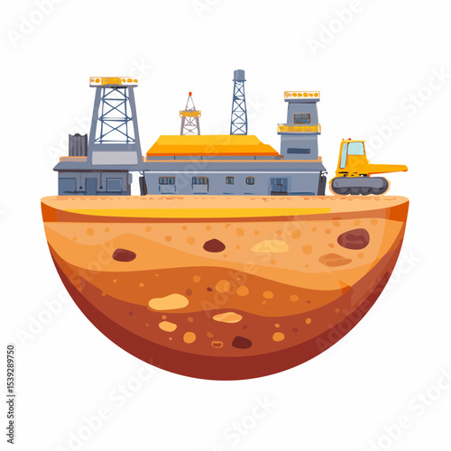Illustration of an oil drilling platform on a cross-section of earth, showing layers of soil and rock.