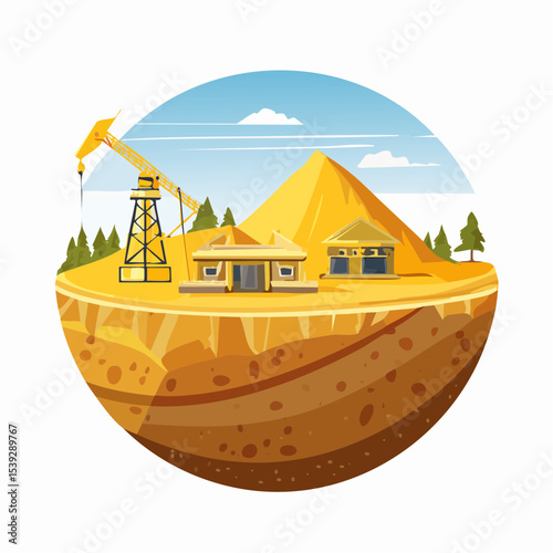 A circular graphic depicting a mining operation, with buildings and equipment situated on a hill of extracted material, above a cross-section of earth.