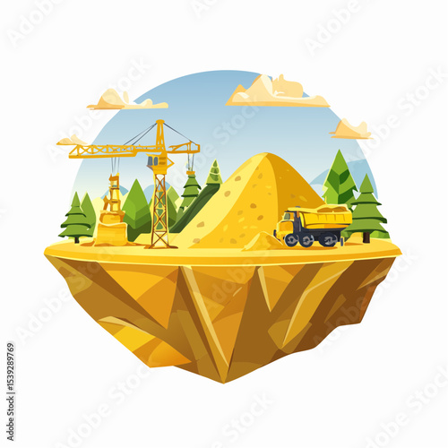 Desert landscape with cartoon pyramids and a ship on the sea, under a summer sun