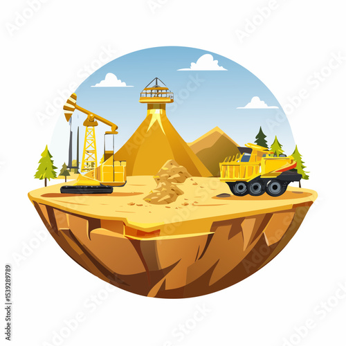 Illustration depicting a mining scene with machinery and a mountainous backdrop.