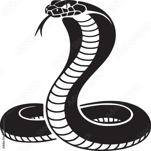 Black and white illustration of a cobra snake with its hood flared and tongue sticking out on white