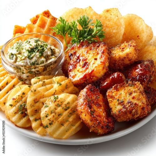 Fried Food and Snacks Plate Close-up with Copy Space for Food Marketing