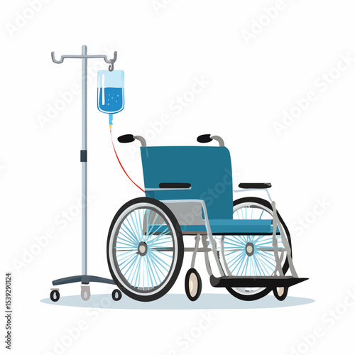 Illustration of a blue wheelchair with an IV drip stand, isolated on a white background.