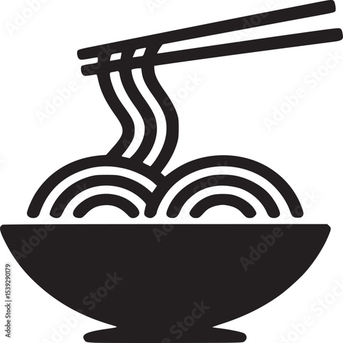 Minimalist black and white illustration of noodles in a bowl with chopsticks on a light background
