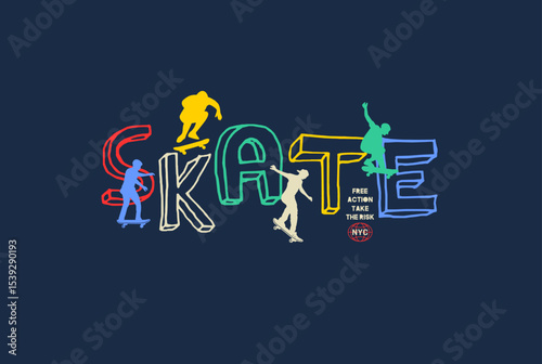 New York, skateboarding typography for t-shirt print. Athletic patch for tee graphic. 
