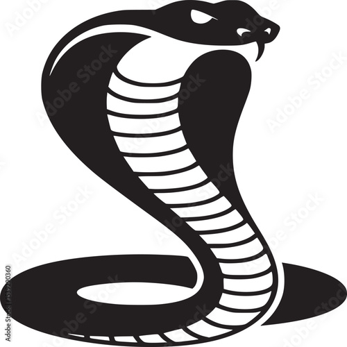 Black and white illustration of a cobra snake with its hood spread and coiled body on a white background