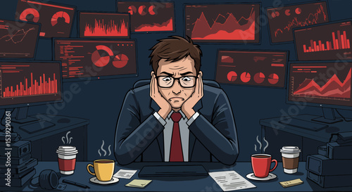 Stressed middle-aged man in suit covering face at cluttered desk with coffee cups and computer monitors