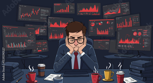 Professional man in suit and red tie focused at cluttered desk with multiple computer monitors displaying financial data