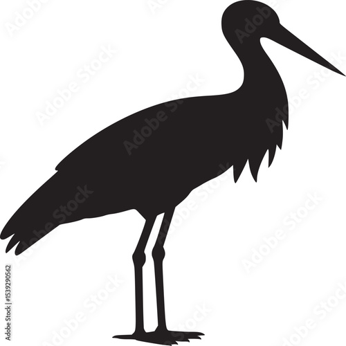 Silhouette of a standing stork with long beak and legs against a plain white background view from side