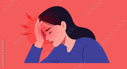 Woman in distress with red lightning bolts radiating from her head
